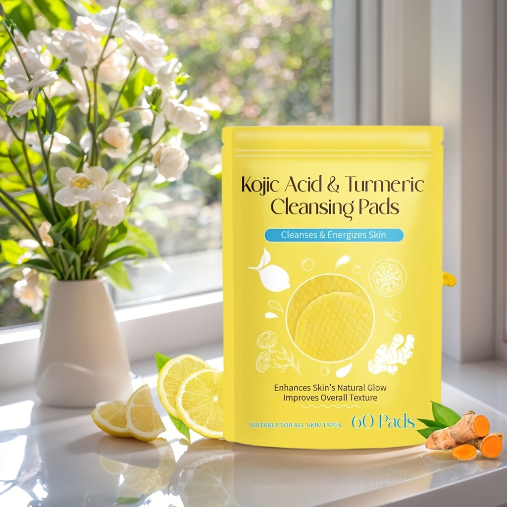 Kojic Acid & Turmeric Cleansing Pads: 60 Pads with Double-Sided Texture for All Light Beige Types - Gentle, Non-Irritating, And Infused with Curcumin, Chamomile, And Turmeric for A Natural Glow, Valentine's Day Gifts